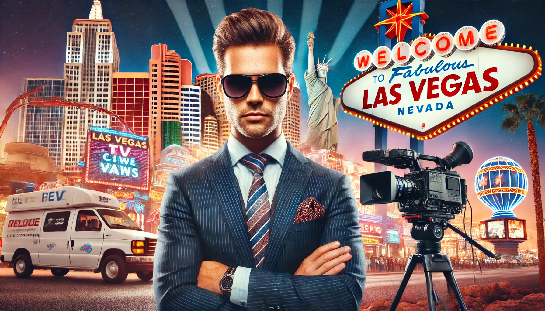 A dynamic scene of John, a man wearing shades, reporting live from the Las Vegas Strip. He is standing confidently in front of iconic Las Vegas landma