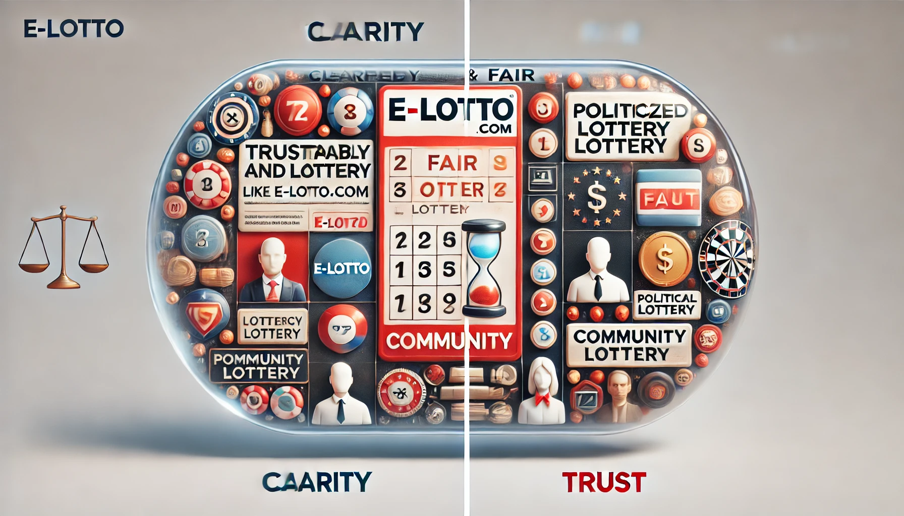 DALL·E 2024-11-03 01.40.48 - An oblong image showcasing a trustworthy and fair lottery concept like E-Lotto.com, contrasting with a more controversial, politicized lottery theme.