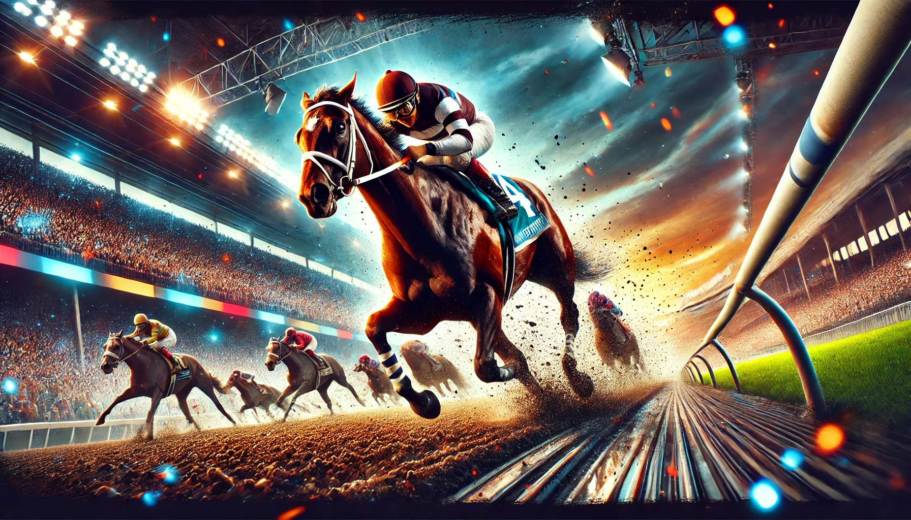 Dynamic oblong image capturing the thrill of horse racing, featuring a powerful racehorse charging down a dirt track with a jockey in full motion. T