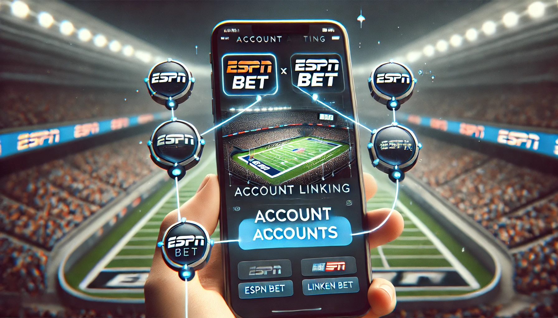 An oblong image capturing the seamless integration between ESPN and ESPN Bet, focusing on account linking. The image shows a mobile device with ESPN B